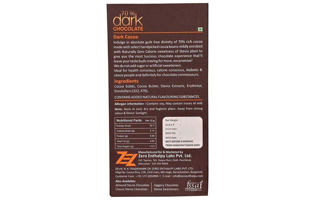 Zevic 70% Dark Chocolate Stevia Belgian Cocoa   Box  96 grams